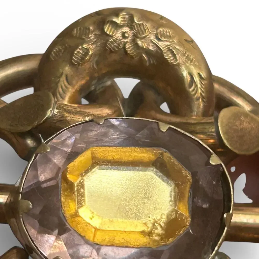 Victorian Gold Filled Lover's Knot Brooch, Faceted Paste Glass Center